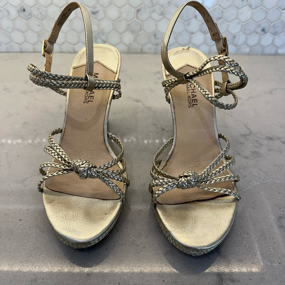 Michael Kors Palm Beach Braided Satin Metallic Silver Sandal Wedge